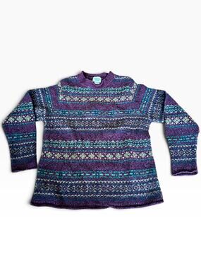 Vintage G.H. Bass & Co Fair Isle Wool Sweater S Made in Scotland Purple Teal 90s